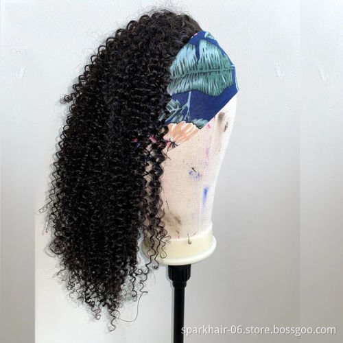 Full Cuticle Curly Headband Wigs Human Hair Glueless None Lace 10A Virgin Peruvian Head Band Double Drawn Human Hair Wigs